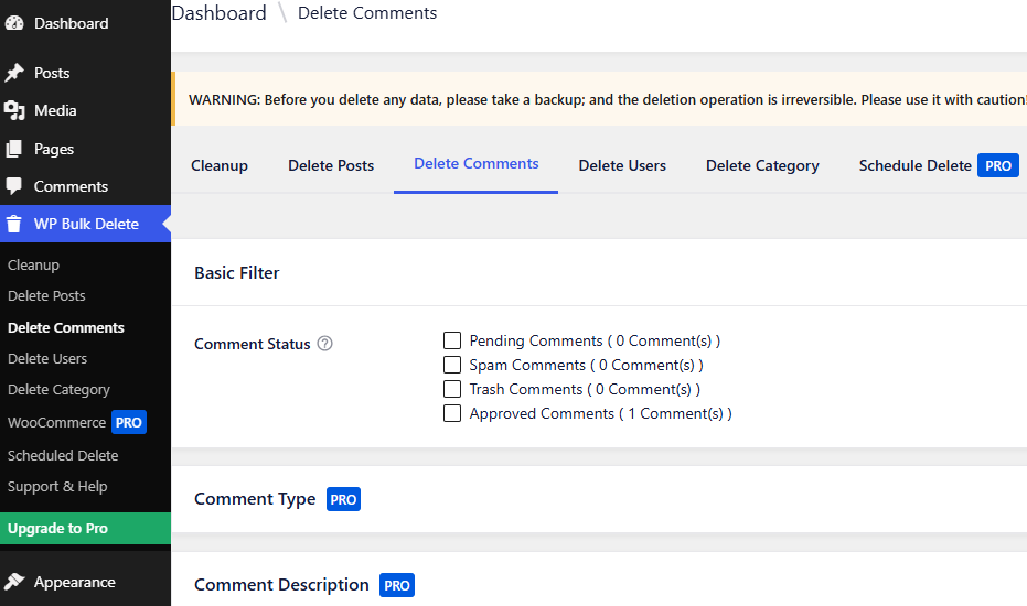 bulk delete WordPress comments
