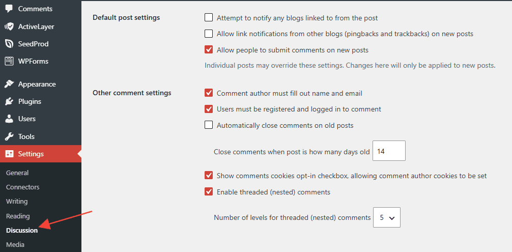 WordPress Settings Discussion page with anti-spam options enabled