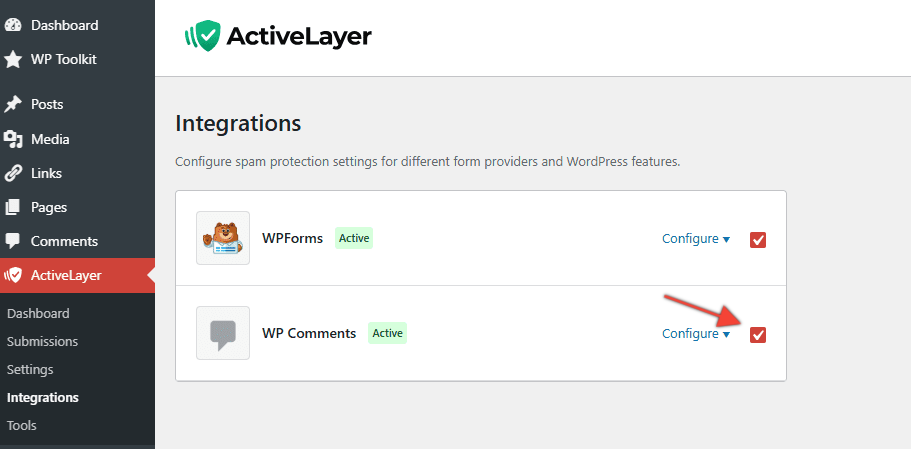 Enabling AI comment spam protection in ActiveLayer