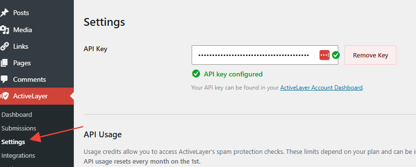 Verified ActiveLayer API in WordPress settings