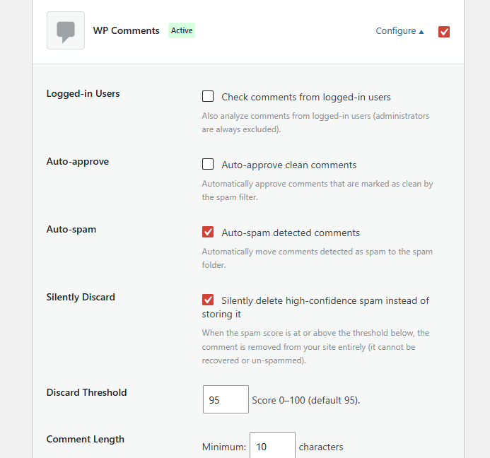 ActiveLayer advanced comment spam settings for auto-approval and trackbacks