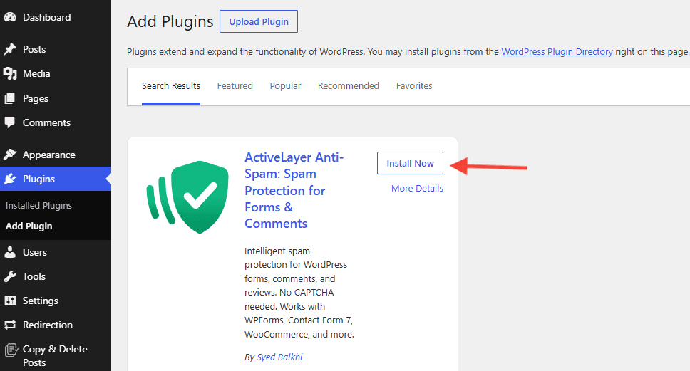Installing the ActiveLayer anti-spam plugin in WordPress